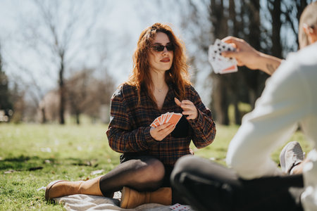 A couple playing cards together outdoors in a sunny park setting
