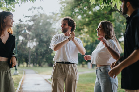 Group of cheerful friends socializing in a park on a sunny day