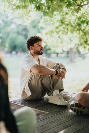 Man sitting in a park enjoying nature and conversing with friendsの写真素材