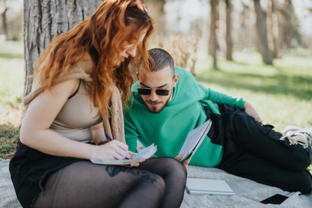 Young couple studying together outdoors on a sunny day in the parkの写真素材