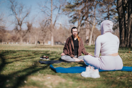 Two women practicing meditation in a serene outdoor park setting on a sunny dayの写真素材