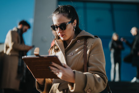 Confident young professional reading tablet outdoors in bright daylight