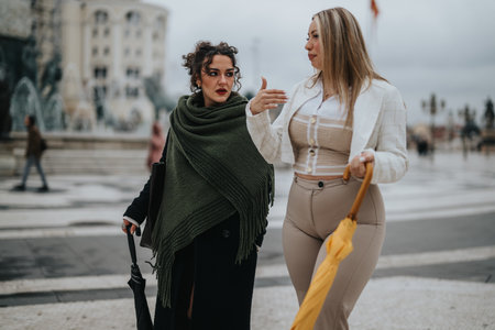 Two fashionable women chatting outdoors holding umbrellas on a cloudy dayの写真素材