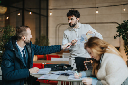 Colleagues discussing business strategies during a collaborative meeting in a modern officeの写真素材