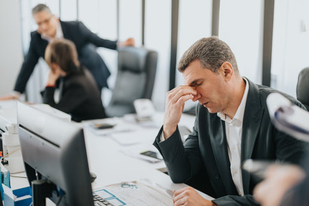 Frustrated business professional in a stressful office environment with coworkersの写真素材