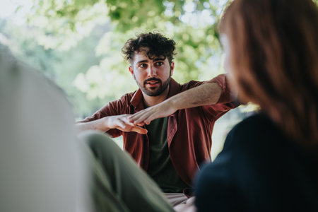 Young adults having a discussion outdoors in a scenic parkの写真素材