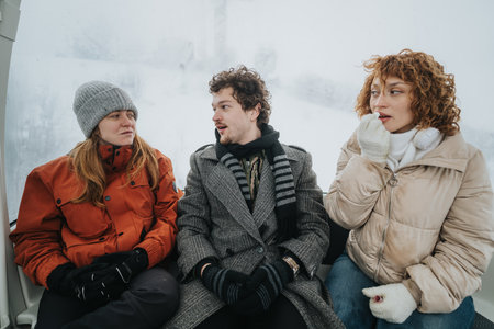 Three friends enjoying a conversation while riding a ski lift in winterの写真素材