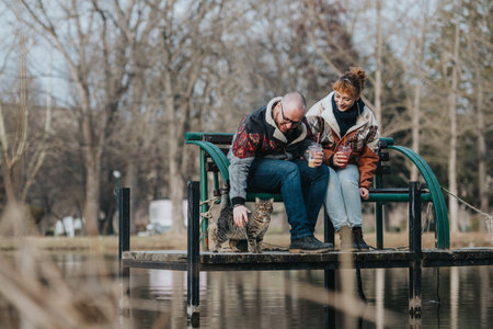 Couple enjoying time together with their pet cat by a peaceful lakeの写真素材