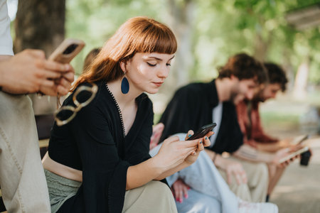 Group of adults using smartphones while sitting together outdoors in a parkの写真素材