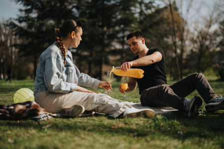 Couple Enjoying a Relaxing Picnic Outdoors in a Park Settingの写真素材