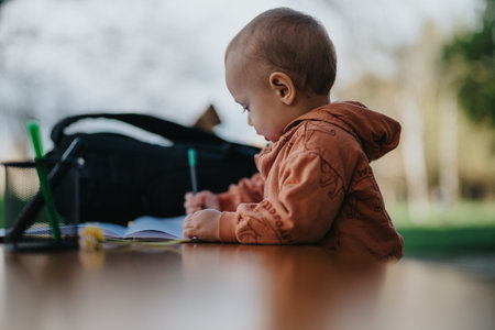 Toddler concentrated on learning and drawing while sitting outdoors in casual attire