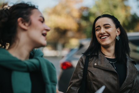 Two friends joyfully laughing and spending time together outdoors