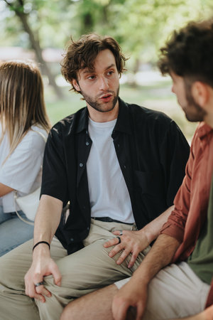 Group of young adults having a meaningful conversation in a parkの写真素材