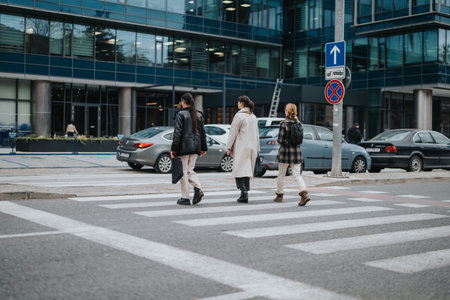 Three women crossing the street in front of office buildingsの写真素材