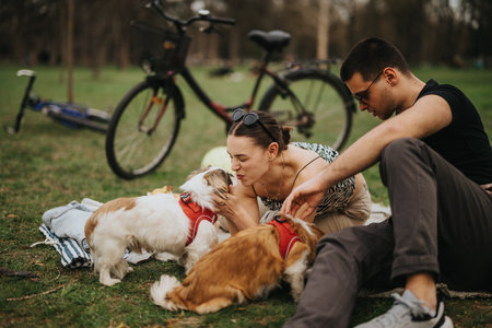 Young couple enjoying time with their dogs in a park settingの写真素材