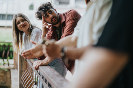 Group of friends enjoying a casual moment outdoors in a sunny parkの写真素材