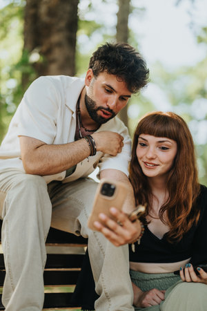 Two adults sharing a moment with a phone outdoors in a parkの写真素材