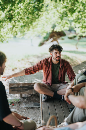 Group of friends enjoying a conversation outdoors in a green park settingの写真素材