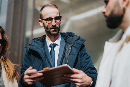 Business professional discussing documents outdoors during a sunny dayの写真素材