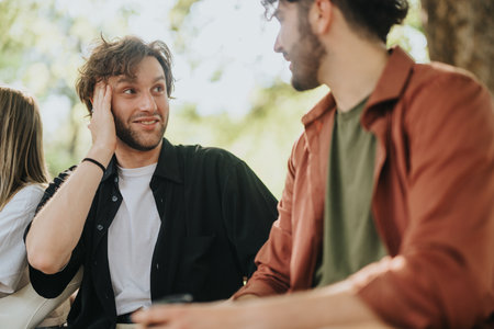 Two adult friends having a conversation outdoors on a sunny dayの写真素材