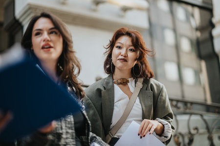Young business people engaged in an outdoor meeting discussionの写真素材