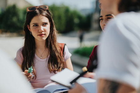 Young students collaborating outdoors during a study session on a sunny dayの写真素材