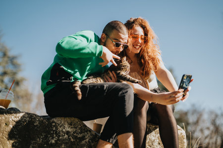 Young couple taking a selfie outdoors with their cat on a sunny dayの写真素材