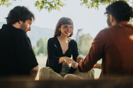 Group of friends talking and enjoying each others company outdoorsの写真素材
