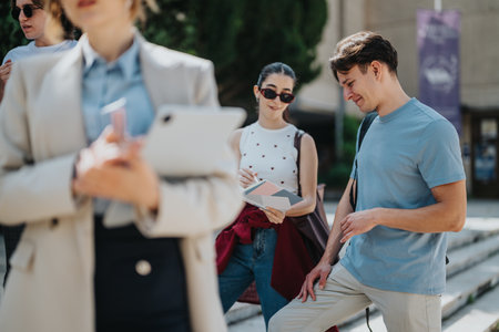 Group of students engaging with professor during outdoor academic discussionの写真素材