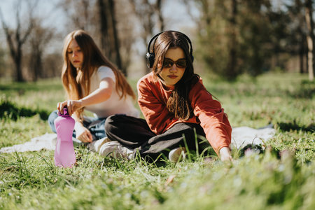 Two friends enjoying a sunny day outdoors in a park, sitting on the grass relaxing, and engaging with nature.の写真素材