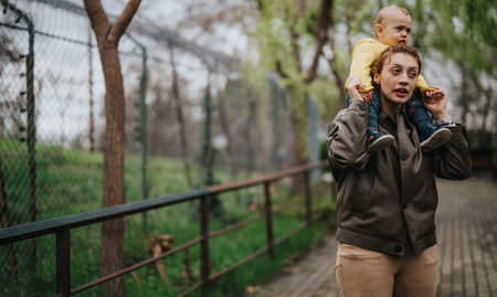 Parent walking with child on shoulders in an outdoor park settingの写真素材