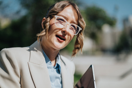 Confident businesswoman with tablet outdoors on a sunny dayの写真素材