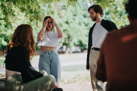 Young adults interacting in a park under a canopy of treesの写真素材