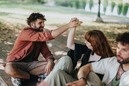 Friends enjoying quality time together outdoors in a beautiful park settingの写真素材