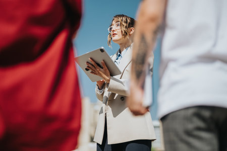 Teacher explaining concepts to students during an interactive outdoor sessionの写真素材