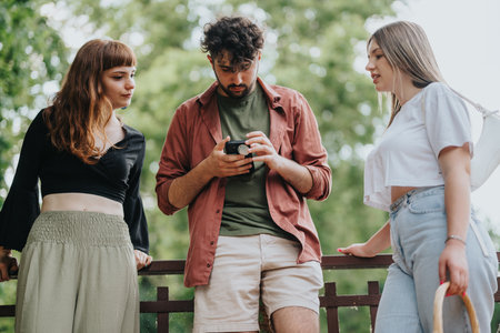 Group of friends relaxing and sharing moments outdoors in a green parkの写真素材