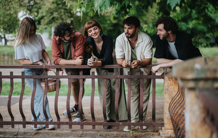 Group of friends enjoying leisure time outdoors in a serene park settingの写真素材
