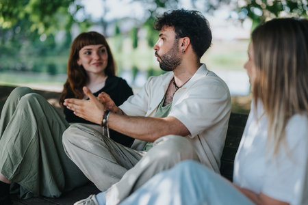 Group of adults sitting and having a conversation in a park settingの写真素材