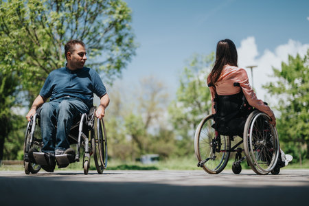 Two individuals in wheelchairs enjoying the outdoors, surrounded by greenery and sunlightの写真素材