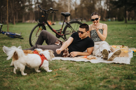 Young couple enjoying a picnic with their dog in a sunny parkの写真素材