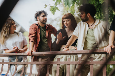 Group of friends having a conversation on a bridge in a parkの写真素材