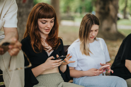 Young women using smartphones while sitting on a bench outdoors in the park