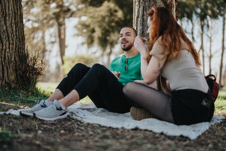 Young couple enjoying a relaxing picnic in a peaceful forest settingの写真素材
