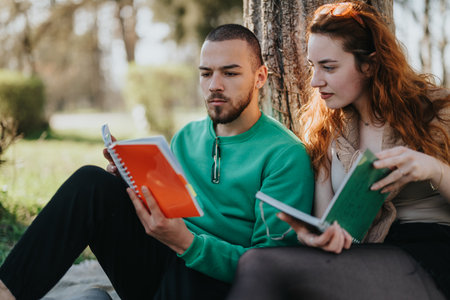 Young couple studying together outdoors under a treeの写真素材