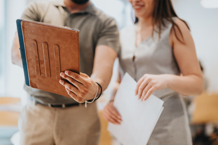 Two coworkers collaborating on a project using a brown leather tablet caseの写真素材