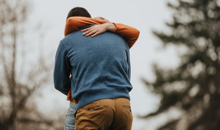 Couple embracing outdoors in a natural setting with warm and comforting emotionsの写真素材