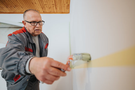 Painter applying a fresh coat of paint to wall while focusing on precisionの写真素材