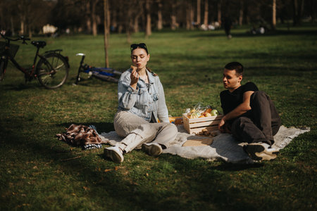 Couple enjoying a relaxing picnic together outdoors in a sunny park settingの写真素材