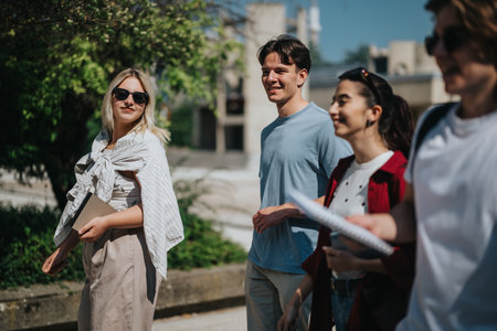 Group of students conversing outdoors during a sunny day on campus