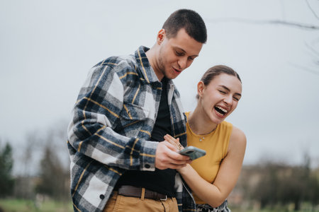 Happy couple laughing together while looking at a smartphone outdoorsの写真素材